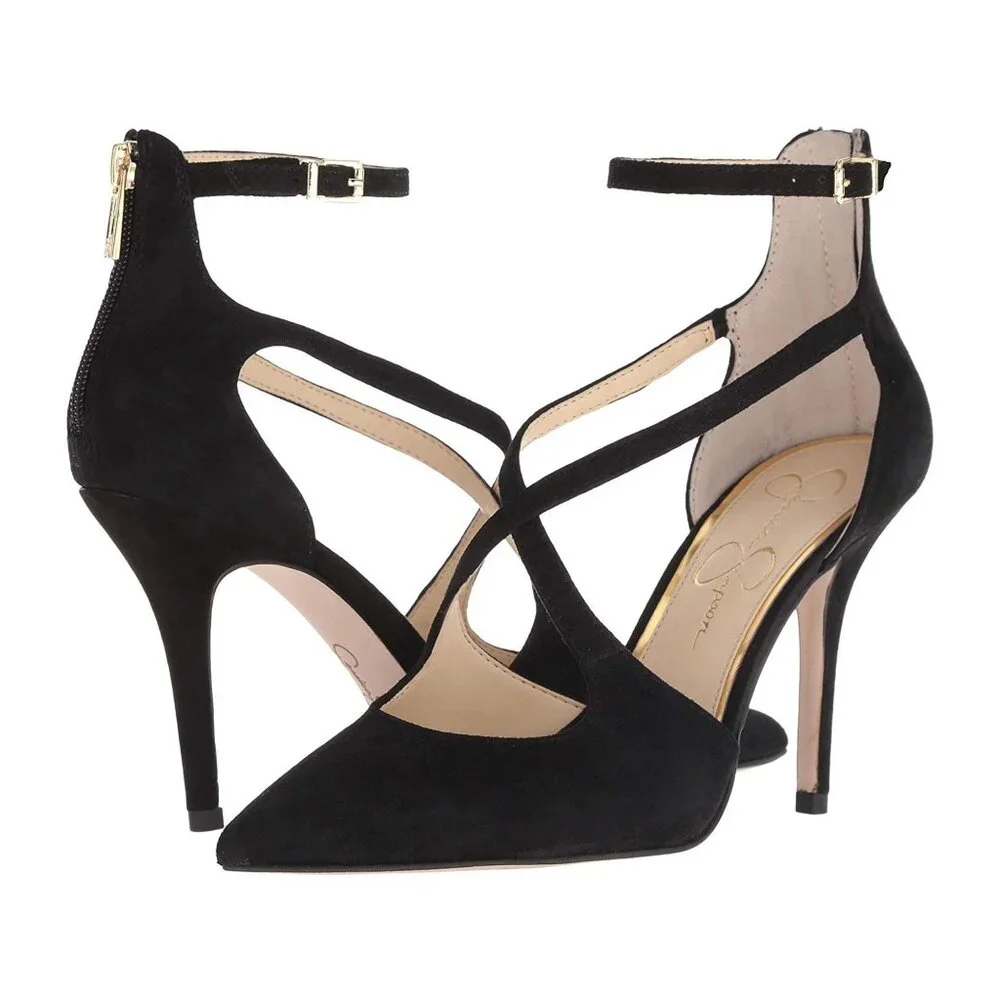 USED Women's Jessica Simpson Wynnley Black Lux Suede Strappy Stiletto Heels 8.5M - Picture 16 of 16